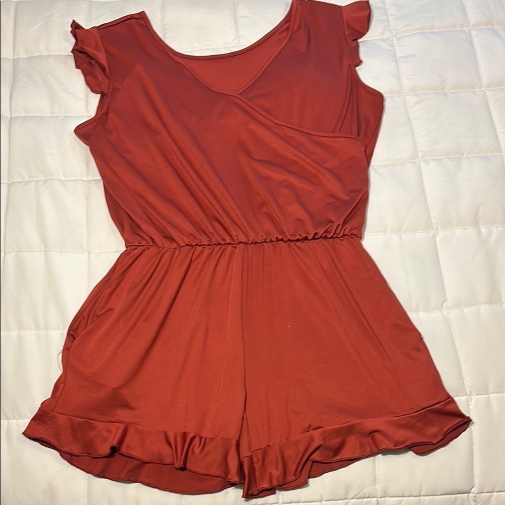 One-Piece Rust Orange Ruffle Swimsuit Romper size L - Picture 2 of 12